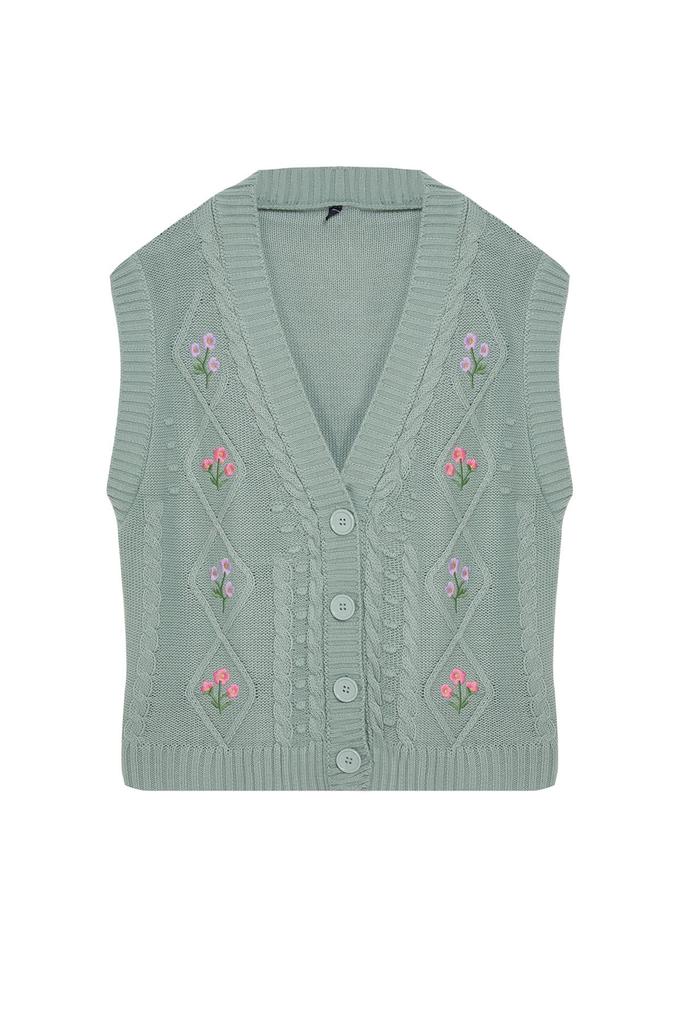 Women's Elegance Style Sweater Stone Flower Embroidery Detailed Knitwear Vest