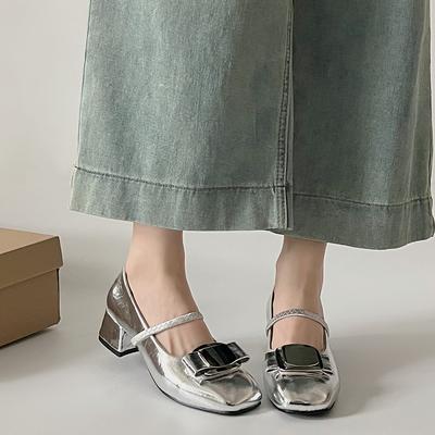 Модные весенние ретро туфли Мэри Джейн с круглым носком на толстом каблуке французские высокие каблуки женские серебристые универсальные туфли с неглубоким вырезом сзади пустые туфли