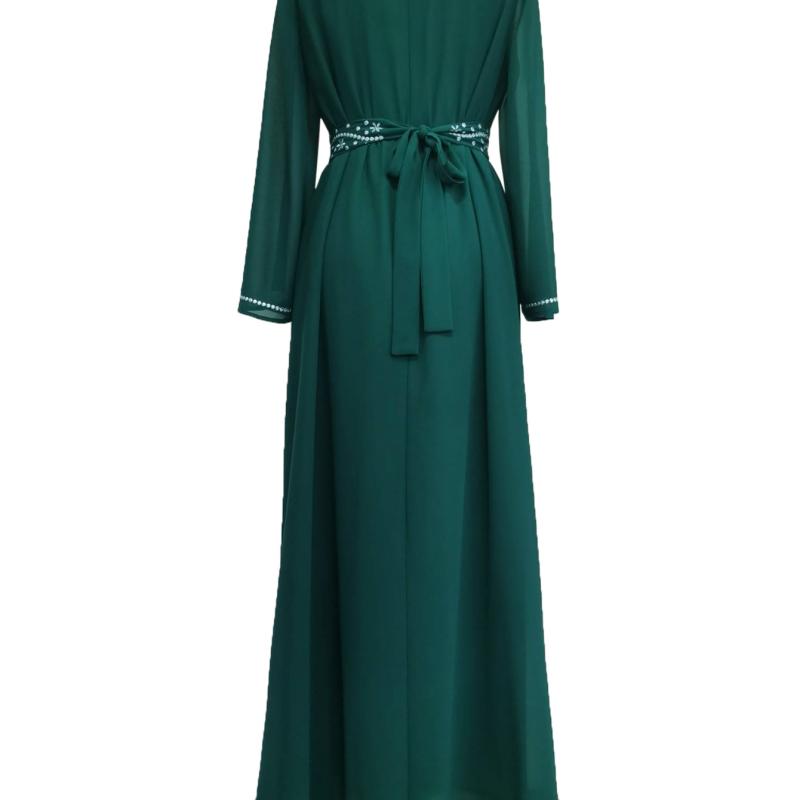 Luxury Women's Embroidered Dress for Muslim Parties, Waist Tied and Slim Fitting Long Style