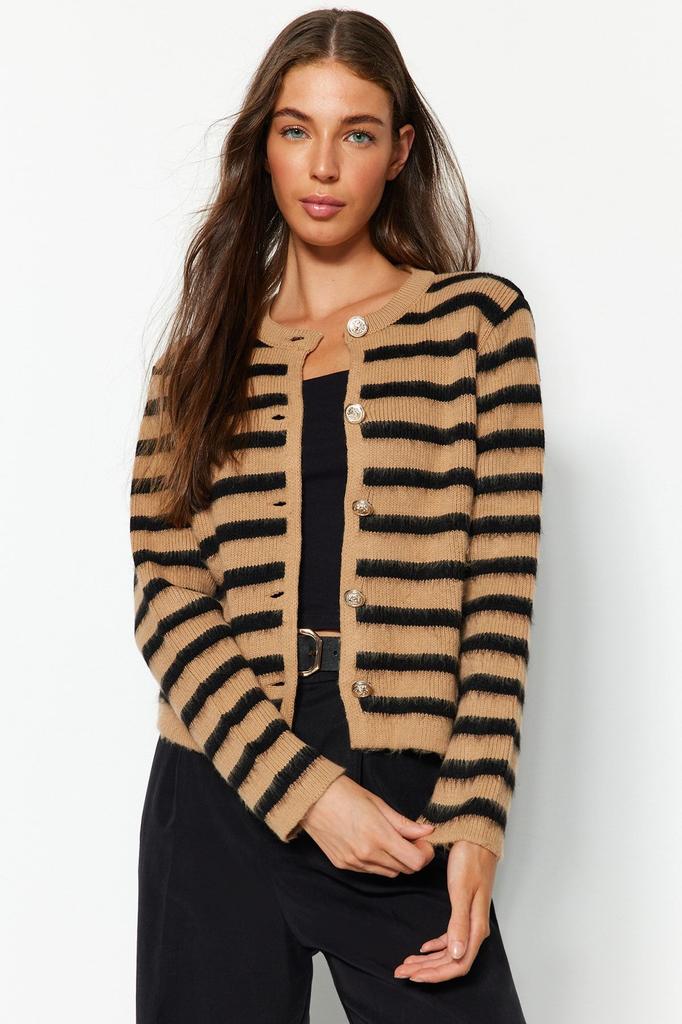 Women's Fashion Stylish Cardigan Navy Blue Soft Textured Striped Jacket Look Knitwear Cardigan