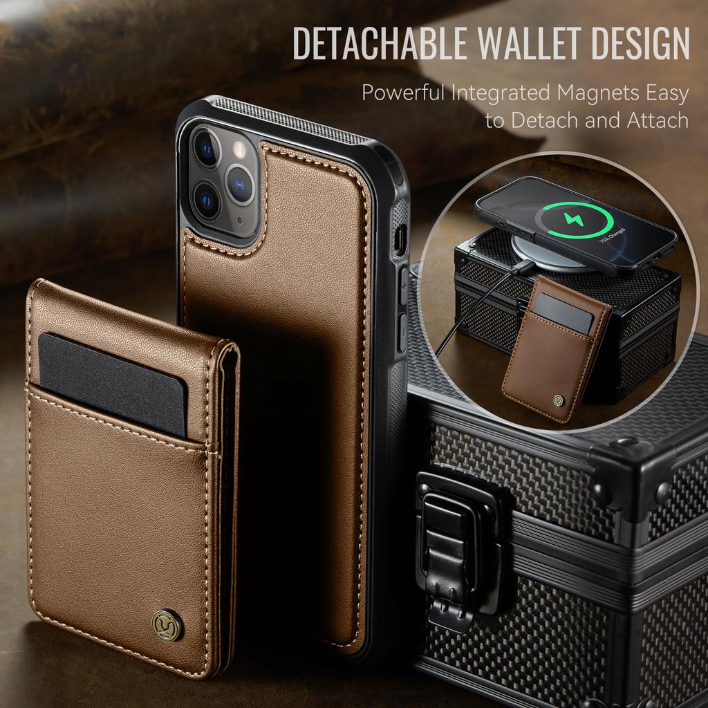 For iPhone 11 Pro Leather Back Cover Compatible with MagSafe JEEHOOD J06 Phone Case with Card Bag RFID Blocking