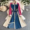 Lace Up High Waist Women 2025 Dresses Patchwork Denim Dresses Laple Long Sleeve Dress  Femininos French Style Clothing