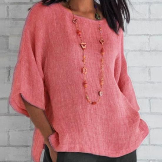 Women Blouse Solid Color Side Split Summer Crew Neck Loose-fitting Shirt Streetwear