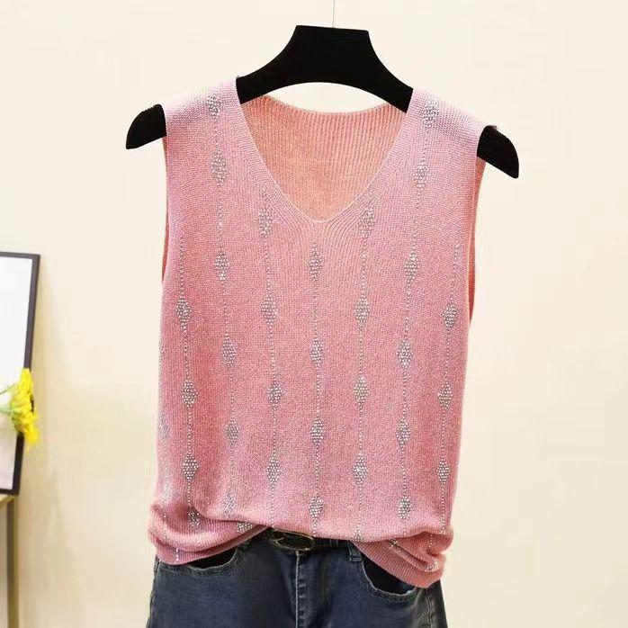 2023 Блестящий шелковый женский жилет без рукавов с V-образным вырезом - Новый стиль весна/лето, свободный крой с вязаным дизайном на бретелях с горячими бриллиантами