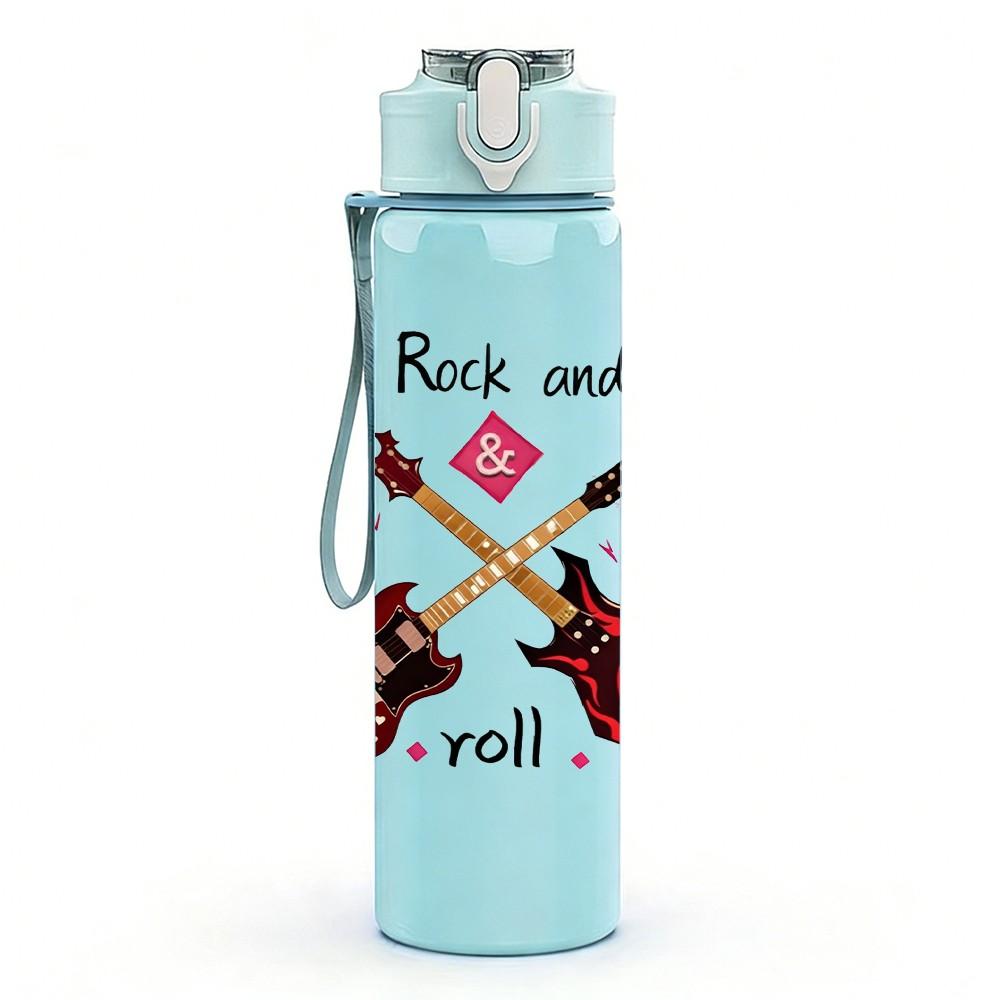 1PC Rock And Roll Guitar Music Print 750ml Color Plastic Sports Water Bottle Leakproof Flip Straw Lid Suitable for Sports Office Home Use