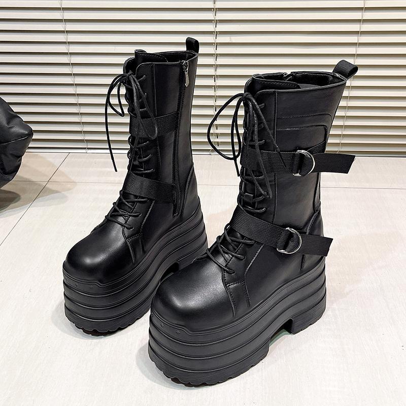 High Platform Gothic Boots Buckle Autumn Winter Leather Shoes Punk Street Cosplay Mid-calf Boots Motorcycle Short Botas 13.5cm