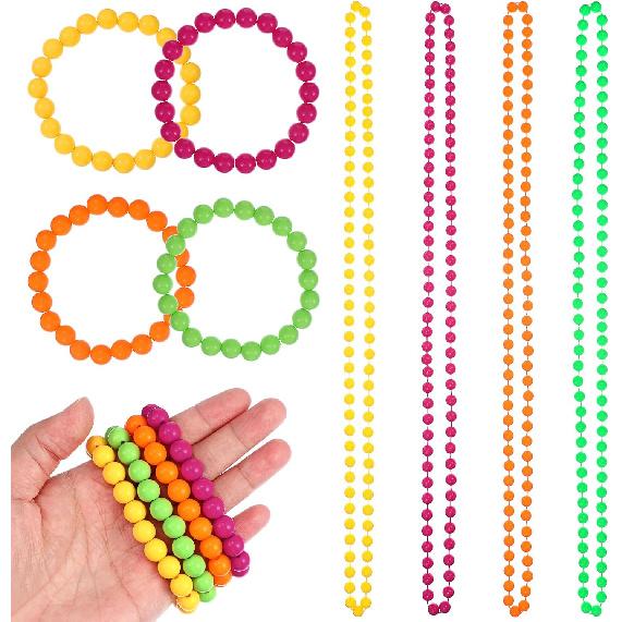 Amosfun Neon Bead Necklace Bracelet Jewelry Set Multicolor Mardi Gras Easter Party Supply Costume Accessory 80s 90s Party Favors 8 Pack