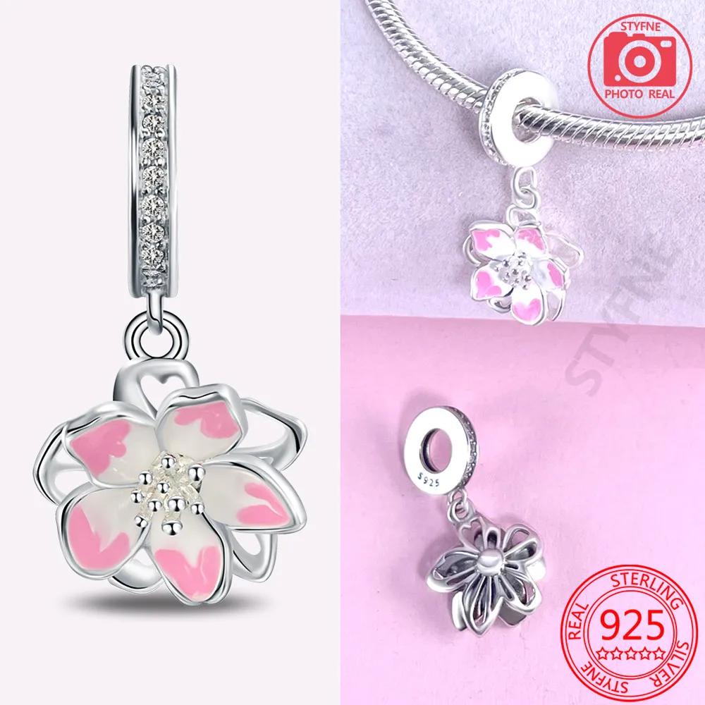 copper Pink Romantic Cherry Blossom Charm Bead Charms Bead Charms Flowers Rings Compatible With Pandora Bracelets Bead for Women Fine Jewellery Gift