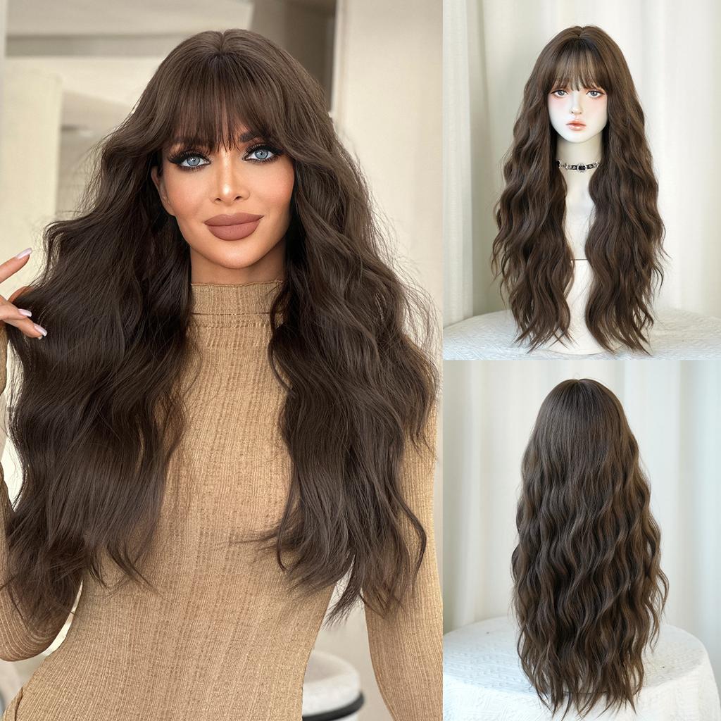 Extra Long Brown Big Waves Wig for Women - Rose Net Full Cap Voluminous Natural, Daily Quick Beauty, High Quality Hair Volume