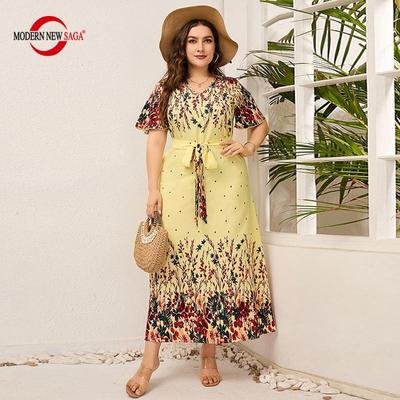 Женское платье Летние длинные платья с коротким рукавом с цветочным принтом Повседневное платье макси Платья больших размеров