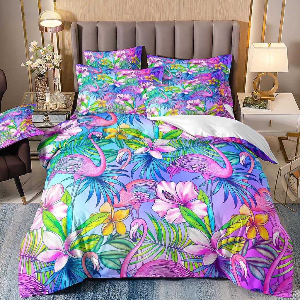 Flamingo Three-Piece 3D Printed Parrot Toucan And Tropical Flower Quilt Cover Pillowcase Bedding