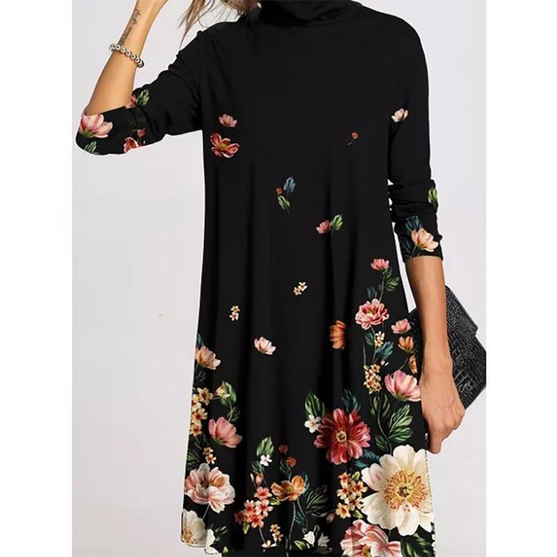 Зимняя водолазка, теплая винтажная женская одежда с принтом, элегантные лоскутные платья с длинными рукавами, женские повседневные свободные платья