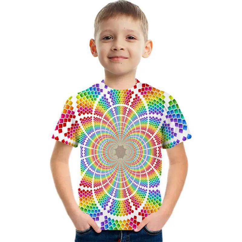 Летний топ с круглым вырезом, 3D геометрическим граффити-принтом, модный, повседневный, с коротким рукавом, детская футболка для мальчика
