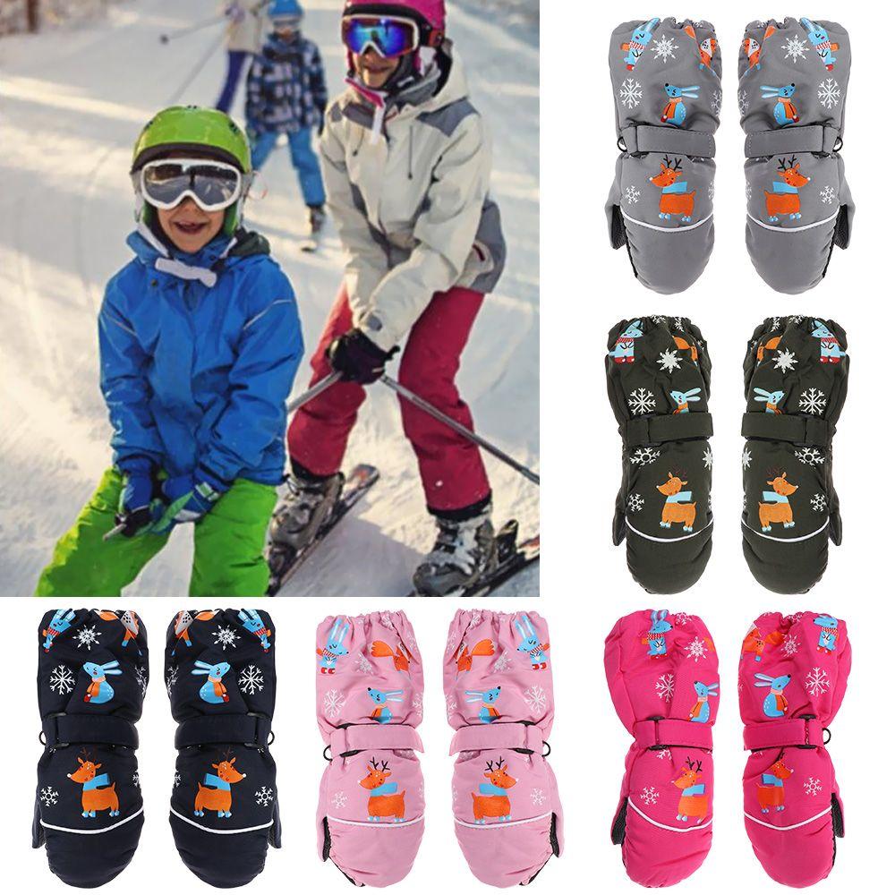 Deer Rabbit Print Cartoon Non-slip Long-sleeved Mittens Children Ski Gloves Windproof Thick Warm