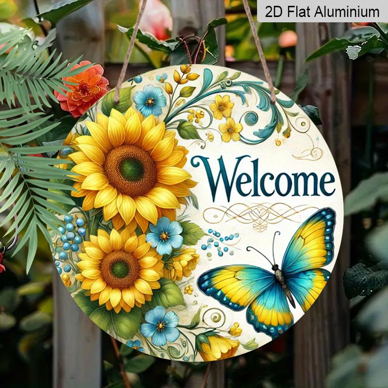 2D Flat 1pc, 8x8 in Vintage Sunflower & Butterfly Round Aluminum Metal Sign – Rustic Welcome Design for Home, Garden, Cafe, and Farmhouse Decor