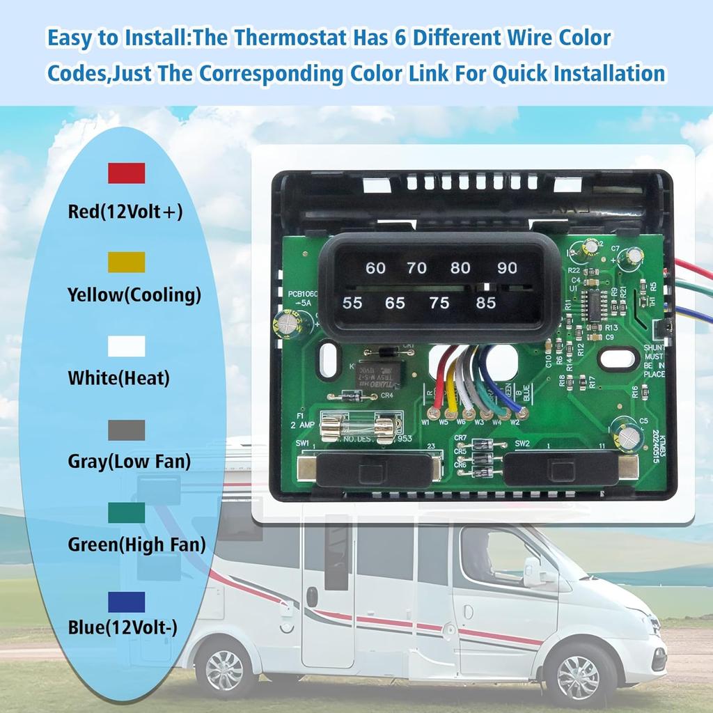 7330F3852 RV Air Conditioner Thermostat, Black, Single Stage Heating/Cooling Control, Compatible With Coleman Mach Series