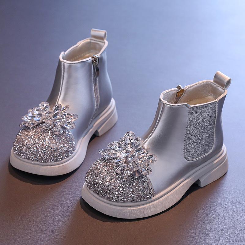 Новые осенне-зимние ботильоны для девочек, роскошные детские сапоги принцессы с блестками, модные универсальные детские повседневные короткие сапоги со стразами