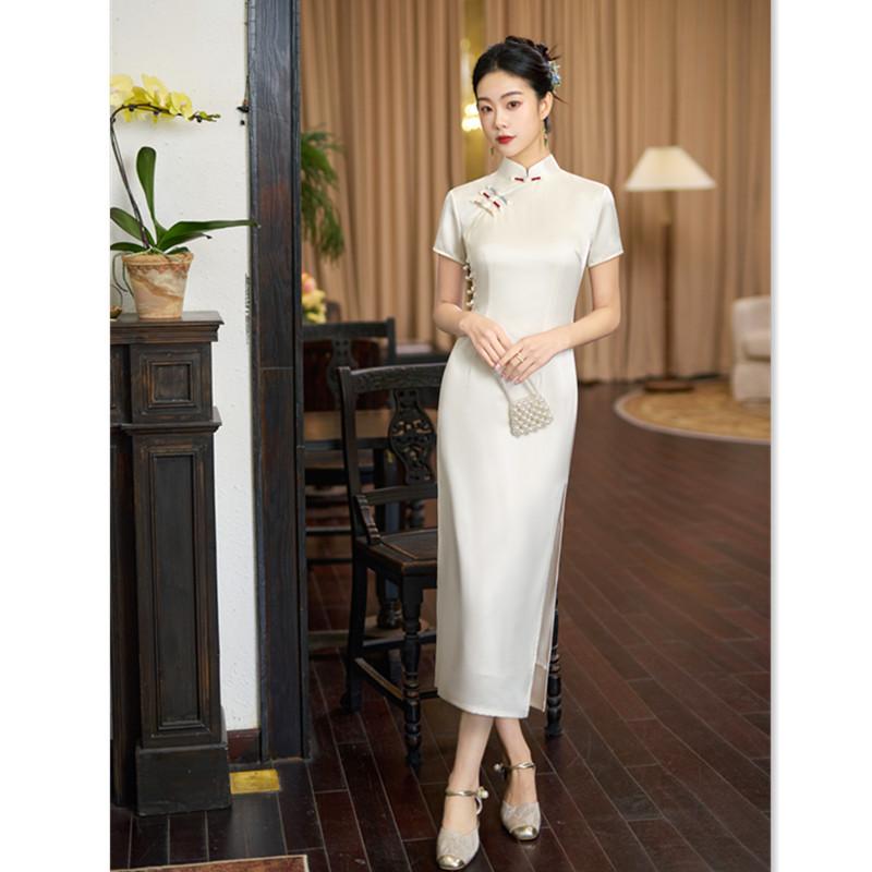 Elegant white long-sleeved cheongsam spring and summer new improved new Chinese style slim temperament cheongsam skirt