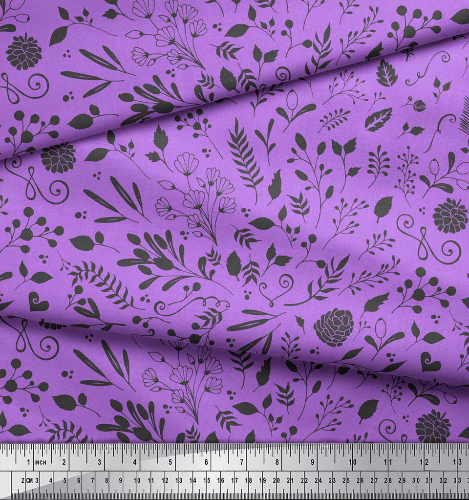 Soimoi Purple Poly Crepe Fabric Berries Leaves Decor Fabric Printed metre 42 Inch