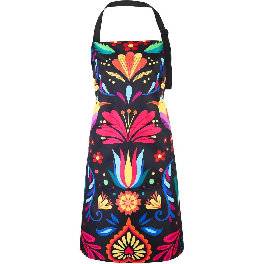 Mexican Apron for Women, Colorful Mexican Background with Flowers and Birds Apron, Waterproof Kitchen Cooking Apron with Pockets Adjustable for