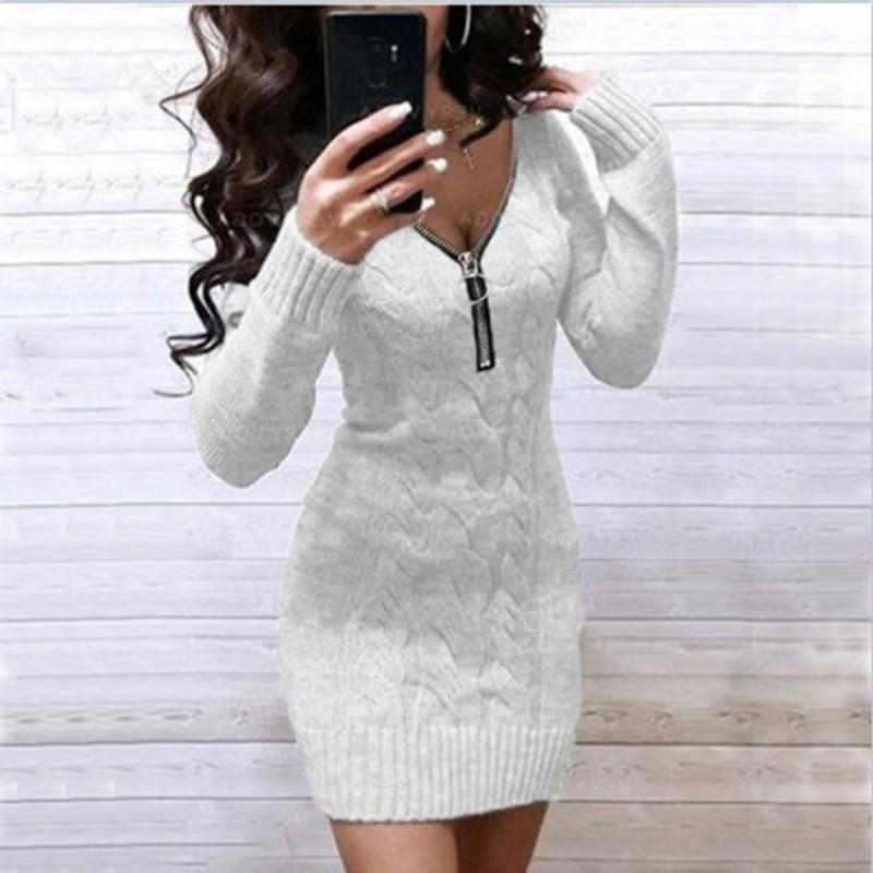Womens Oversized V-Neck Knit Sweater Dress Long Sleeve Mid-Length Zipper Front Casual Workwear