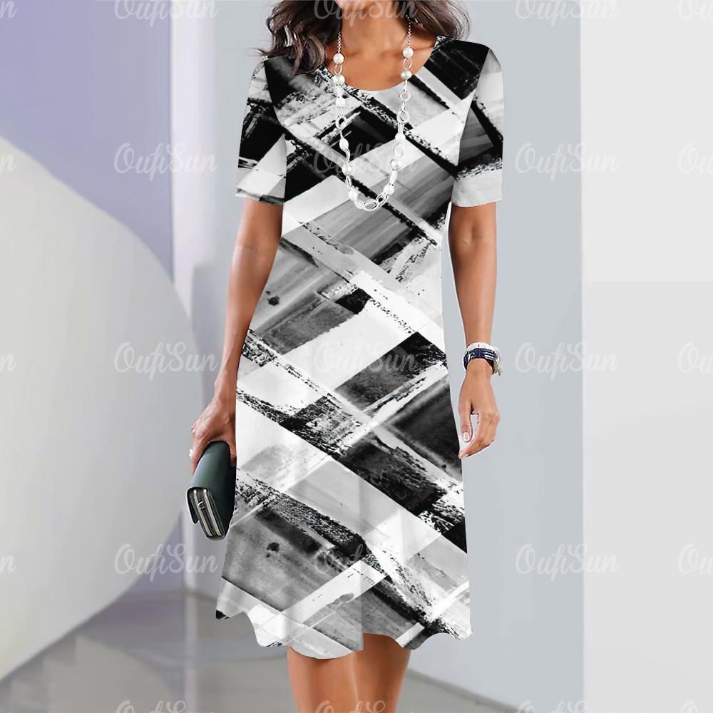 New Women's Dresses, Striped Printed Elegant Casual Vintage Dresses, Y2k Bohemian Style, Fashion Large Size Short Sleeve Dress