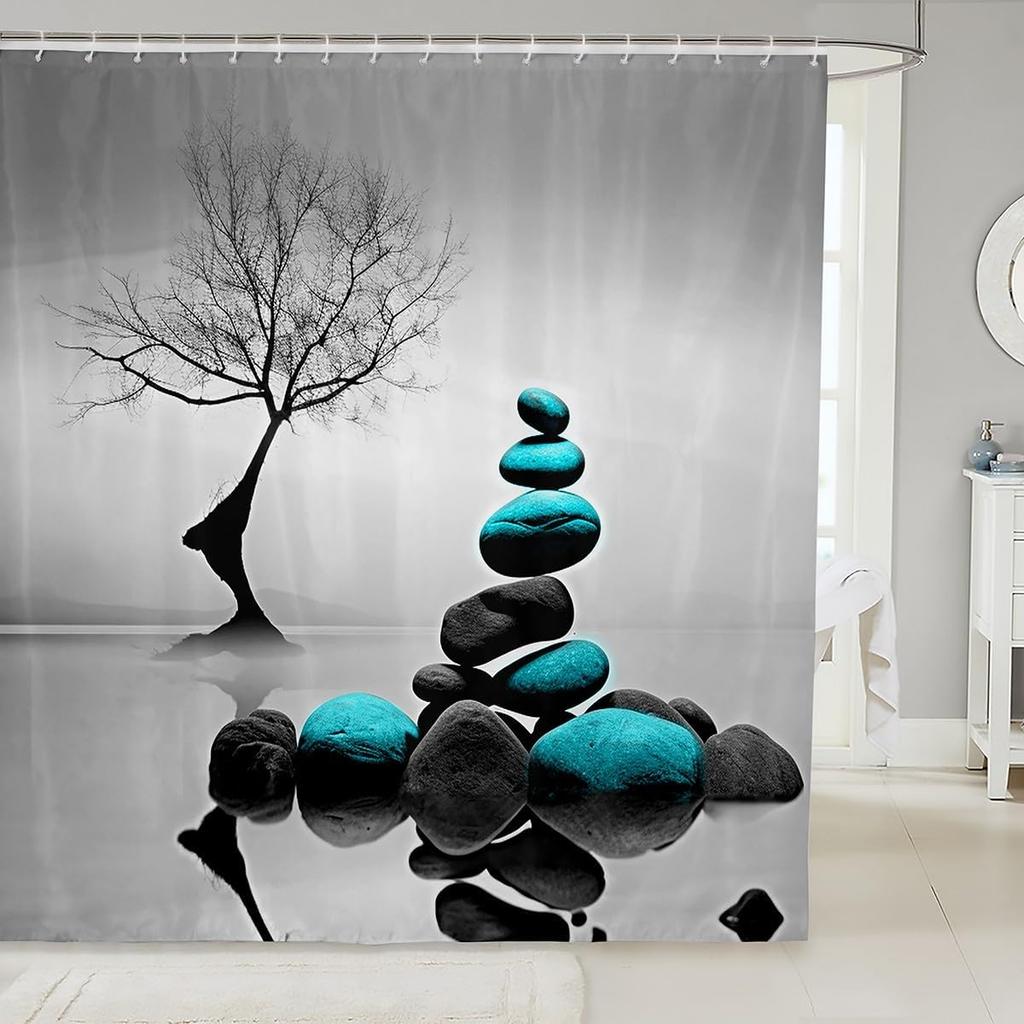 Шторка для душа Zen Spa Шторка для ванны Zen Stone для мальчиков, девочек, подростков Декор Дерево Набор шторок для душа в ванную Сине-белый Детский