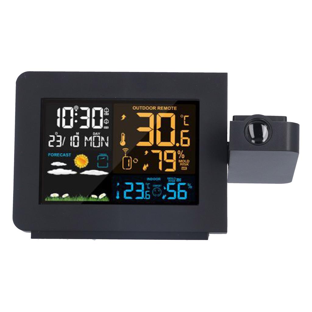 Multifunctional Weather Clock Projected Color Screen Black Portable Humidity Thermometer