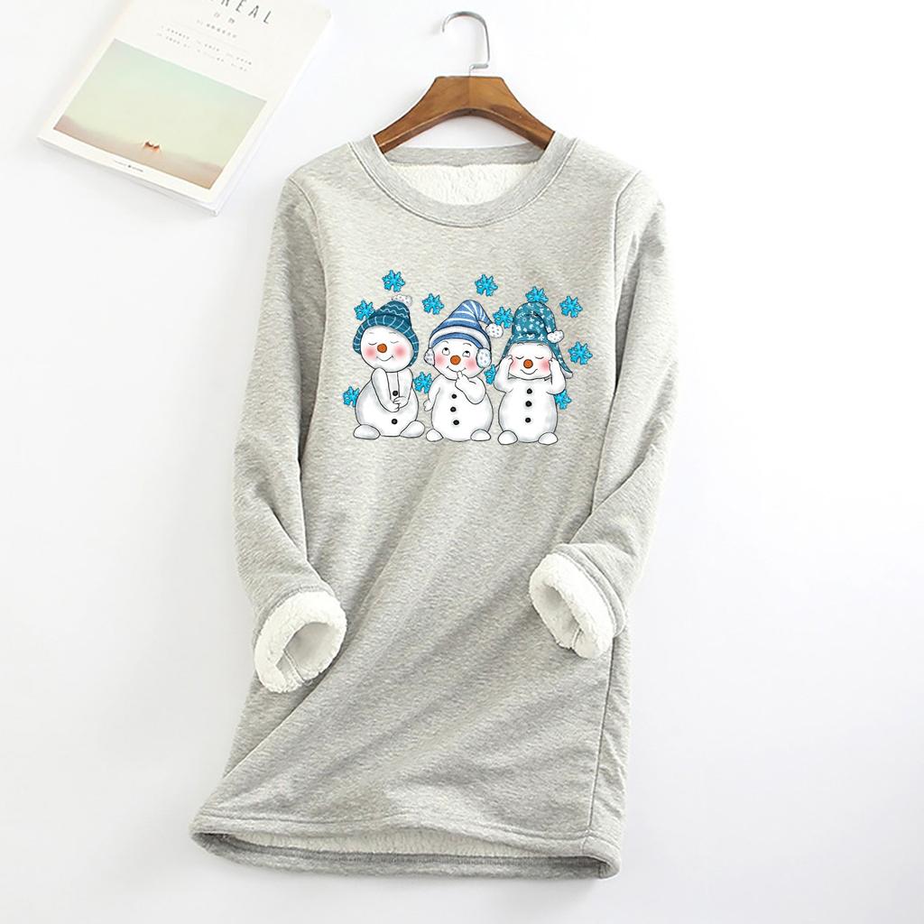 Женский круглый вырез с принтом из утолщенного плюша и кашемира, теплый длинный топ