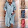 Summer Women Dress V Neck Ruffle Patchwork Cuffs Loose Solid Color A-line Big Swing Half Horn Sleeves Casual Pullover Daily Wear Midi Dress