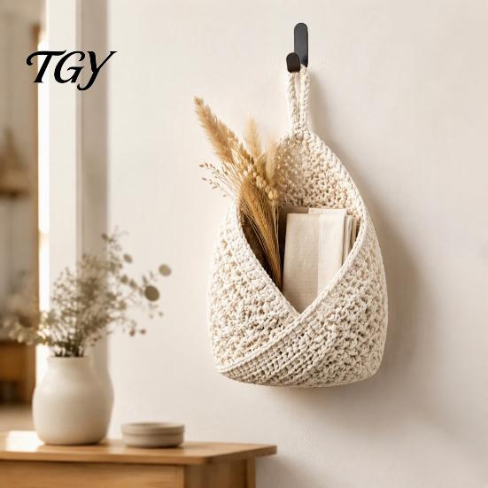 Thickened Cotton Rope Basket 3PCS Hanging Woven Storage Basket, Wall-mounted Organizer Wall Vegetable Pouches, Boho Multi-functional Bag for