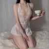 Sexy Crotchless White Underwear Women Lace Hollow Bra Set Erotic Costume Teddy Baby Doll Dress Deep V Open Bra Porn Lingerie Set