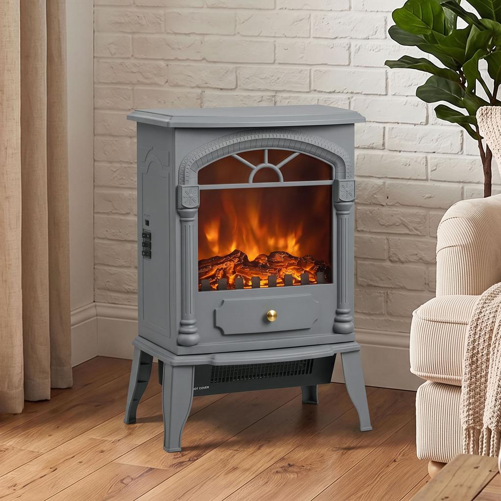 Freestanding Portable Fireplace, Electric Fireplace Stove Heater with 3D Flame Effect and Adjustable Thermostat, Grey