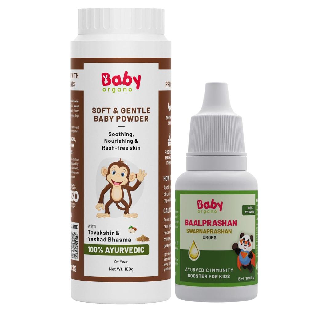 Babyorgano Swarnaprashan Drop & Baby Diaper Rash Powder Combo | Immunity Booster, Concentration Support | Nourishes & Soothes Baby's Skin