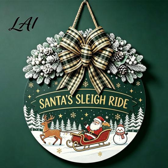 Seasonal Wall Art Christmas Wooden Welcome Sign for Front Door Round Hanging Ornament with Gift Artificial Pine Branches & Bow Decor Holiday