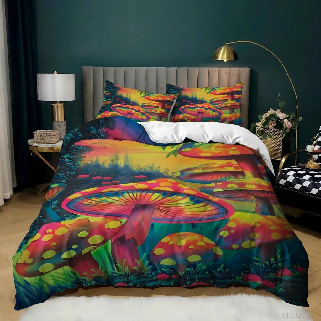 Mushroom Duvet Cover King Queen Size Magic Forest Colorful Cute Psychedelic Mushrooms Polyester Bedding Set for Kids Multicolor