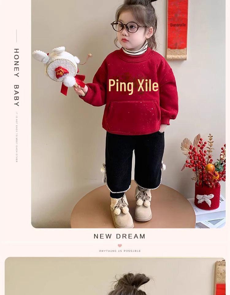 Повседневный свитшот для девочек в корейском стиле с бархатом, мода на осень/зиму, для маленьких и средних детей, новогодний дизайн.
