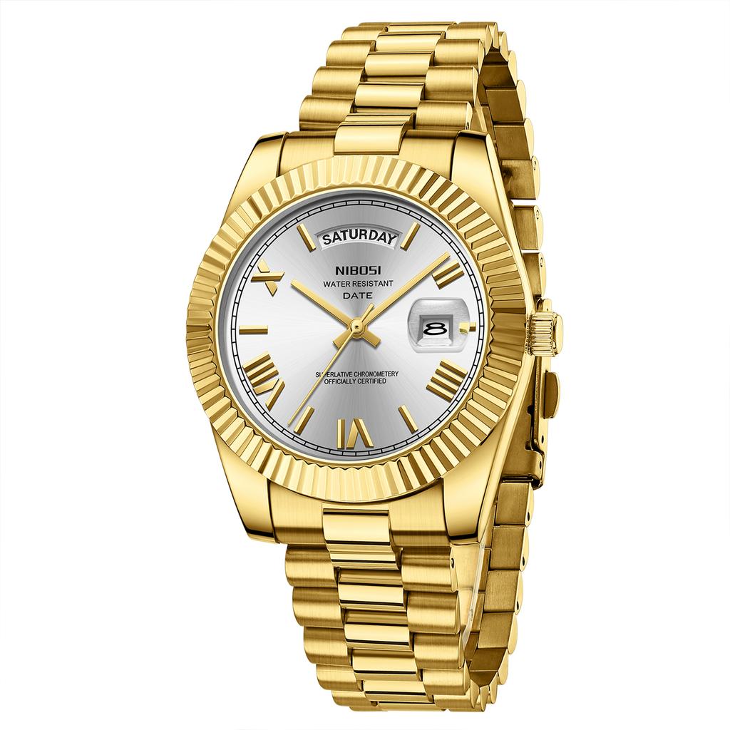 Luxury Golden Red Quartz Watch for Men Stainless Steel Waterproof Luminous Date Week Fashion Men Watches Reloj Hombre