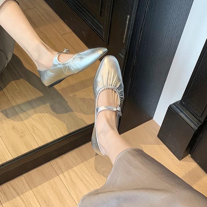 Cowhide Version~ Leather Pleated Flat-soled Retro Grandma Shoes Soft-soled Silver Mary Jane Shoes Women's Single Shoes Ballet Shoes