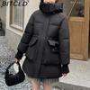 BITCED Plus Size Women's Mid-Length Winter Coat with Waist-Defining Hood, Oversized Pockets and Thickened Quilted Lining