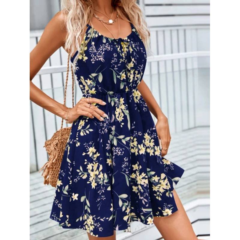 Summer Floral Printed Sleeveless Dress With Elastic Waist For Womens Casual Wear