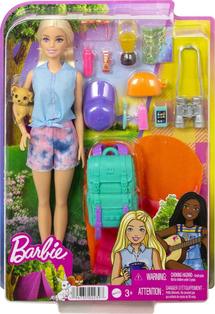 Barbie It Takes Two Camping Doll In with Pet Sleeping Bag 10 Camping Gift for 3 To 7 Year Olds “Malibu” (11.5 Blonde) Puppy, Backpack, & Accessories,