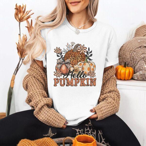 Футболка Hello Pumpkin FeУнисекс Хэллоуин Осень Леопард Тыква Кокетка Бант Графические Футболки Жуткий Сезон Футболка с коротким рукавом Топ