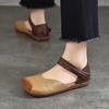 Johnature Mixed Colors Genuine Leather Sandals Retro Square Toe Soft Sole Versatile Women's Flat Shoes
