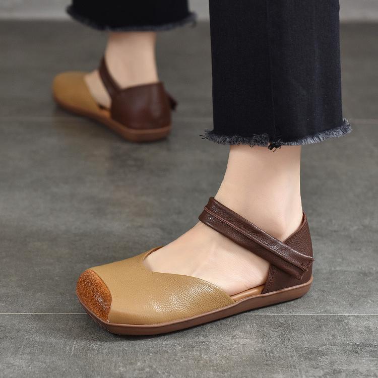 Johnature Mixed Colors Genuine Leather Sandals Retro Square Toe Soft Sole Versatile Women's Flat Shoes