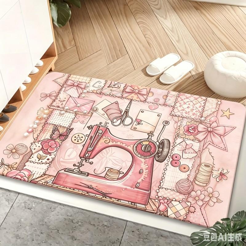 Retro Sewing Machine Welcome Doormat Colorful Quilting Patchwork Pattern Floor Mat Sewing Lover Gift Entryway Decor Rug