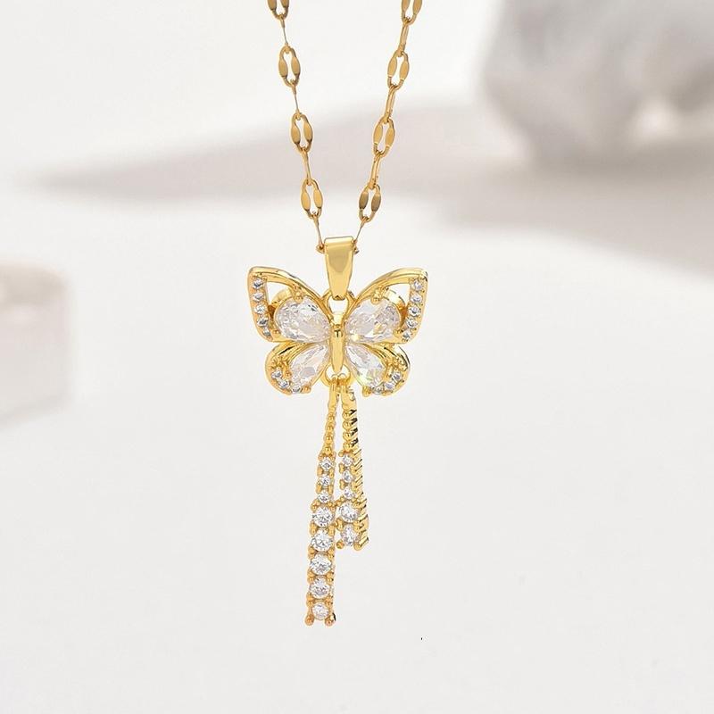 Exquisite Micro Inlaid Zircon Butterfly Tassel Necklace with Titanium Steel, Perfect Gift for Fashion-forward Women