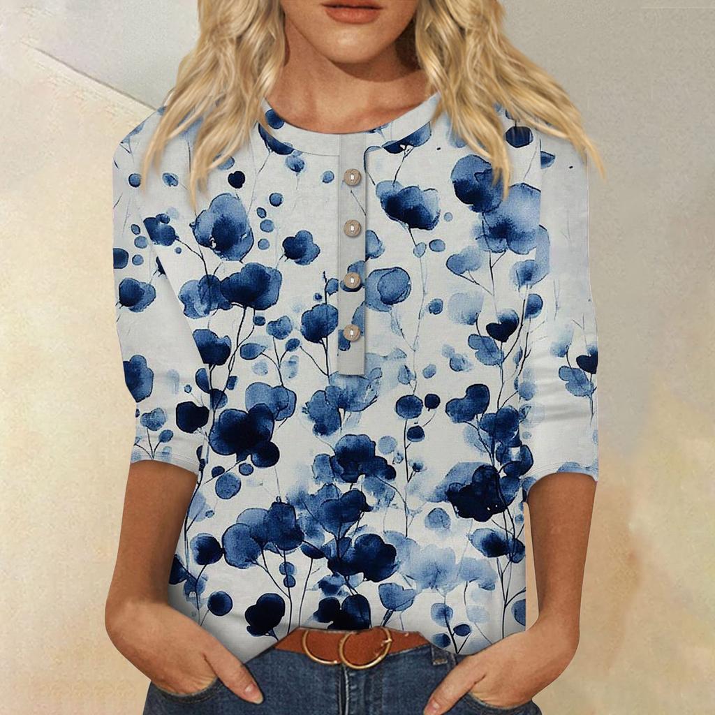 Женская мода повседневная 3/4 рукава цветочный принт пуловер круглый вырез топ повседневная одежда