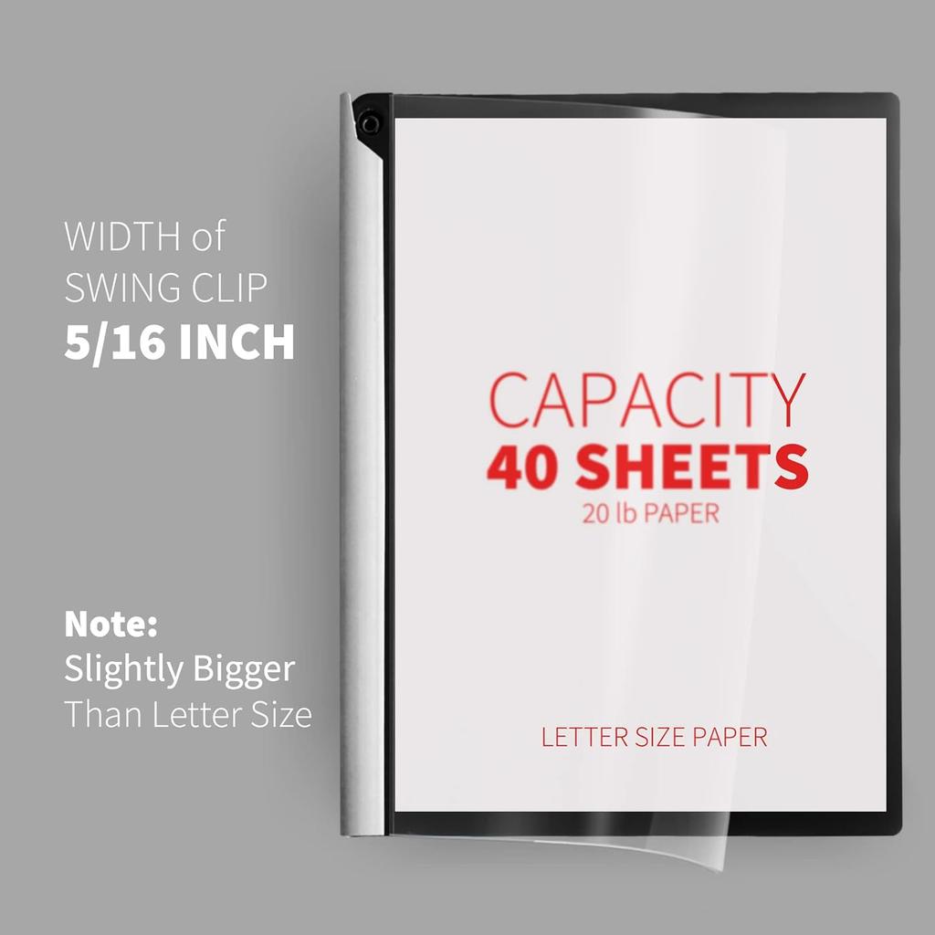 Binditek 6 Pack Clear Front Report Covers with Swing Clip, Plastic File Folder with Black Back Covers, 40 Sheet Capacity, 8.9 x 11.9 Inches, for