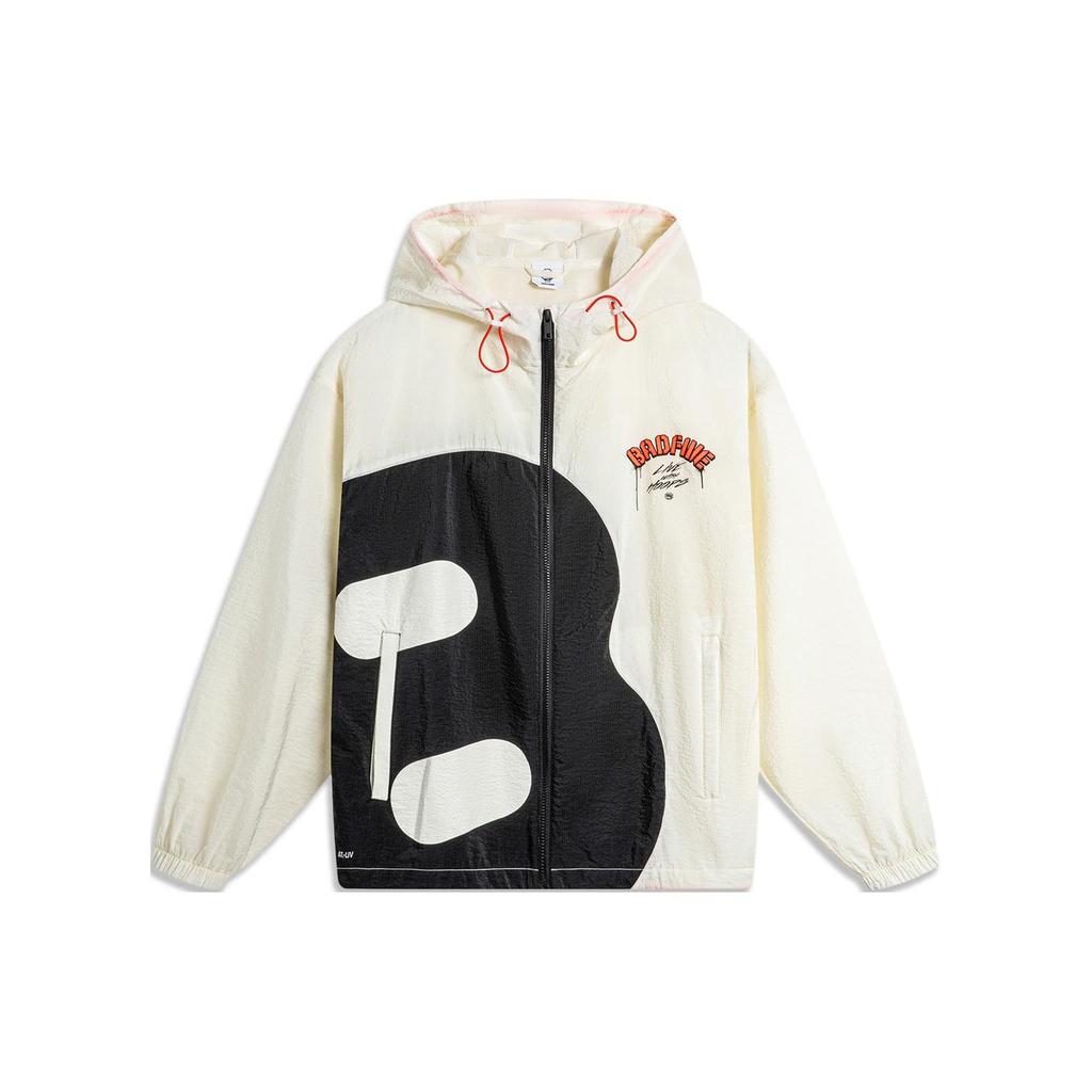 Li Ning Badfive Letter B Color Block Splicing UV Resistant Hooded Loose Sports Windbreaker Men Outerwear Off-White AFDU417-1